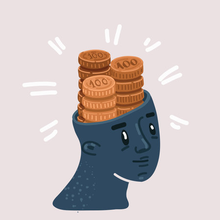 Cartoon vector illustration of businessman with gold coins into his brain. business investment and ideasのイラスト素材