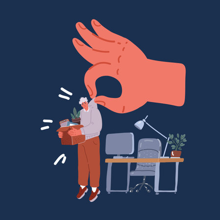 Cartoon vector illustration of Dismissal employee. Fired sad male office worker carrying box, Unemployment and Jobless concept over darkのイラスト素材