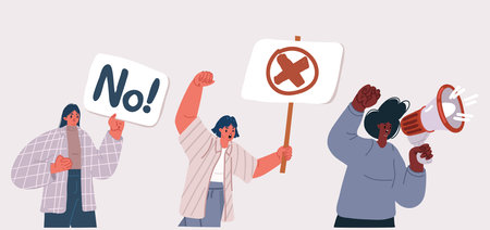 Cartoon vector illustration of Feminism fists, protest and revolution, feminists fight. Feminism activists equality and riot, black woman rights union, female power and solidarity,のイラスト素材