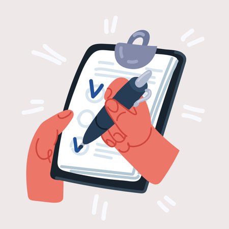 Cartoon vector illustration of Hands holding clipboard with checklist with pen. Human filling control list on notepad. Quiz, to-do list or agreement concept.のイラスト素材
