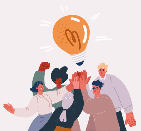 Cartoon vector illustration of Hands give five hands in a gesture of success together. Bulb above themのイラスト素材