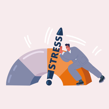 Cartoon vector illustration of Stress level, mood scale. Business Man solves problems and reduces psychological pressure. Person tired because of emotional and work overload.のイラスト素材