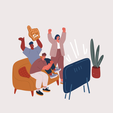 Cartoon vector illustration of Soccer or football people fans celebrate goal. Happy fans characters watching the live broadcast of the match on TV and supporting national team.のイラスト素材