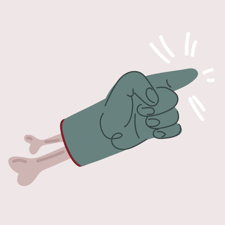 Cartoon vector illustration of zombie hand. Zombie hand in scratches, sharpen bones, muscles and blood. Green Hand points with a finger. Illustration of a torn male zombie handのイラスト素材
