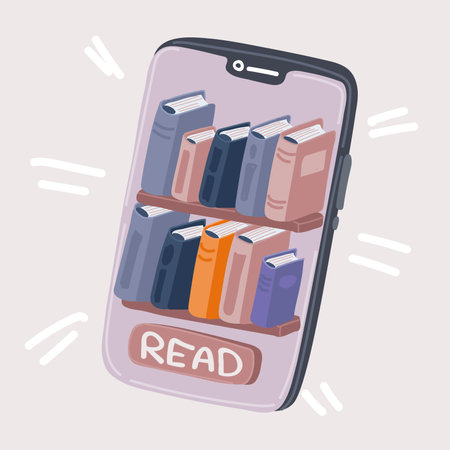 Cartoon vector illustration of Bookstore application on smartphone screen. Man client purchase book online, read magazine. audiobook. book shelvesのイラスト素材