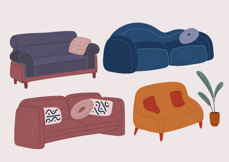 Cartoon vector illustration of Set of sofas with pillows isolated on white backgroundのイラスト素材
