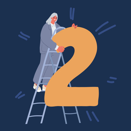 Cartoon vector illustration of Woman holding big number two over dark backgroundのイラスト素材
