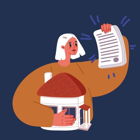 Cartoon vector illustration of Happy Young Woman Bought New House. Real Estate Deal. Mortgage conceptのイラスト素材