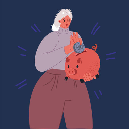 Cartoon vector illustration of woman with piggy bank and coin. Woman puts coins to a pink piggy bank. Earnings, saving and finance concept over dark backroundのイラスト素材