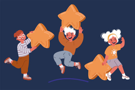 Cartoon vector illustration of Little kids with Star over dark backgroundのイラスト素材