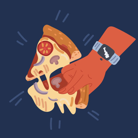 Cartoon vector illustration of Top view of hands taking pizza slices from table at corporate party. Hungry friends eating Italian fast food together. Family holding pepperoni pieces over dark backroundのイラスト素材