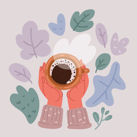 Cartoon vector illustration of hand holding cup of coffee. Top viewのイラスト素材