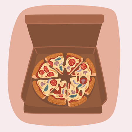Cartoon vector illustration of Fresh pizza with tomato, cheese, olive, sausage, onion, basil. Traditional Italian fast food. Top view mealのイラスト素材