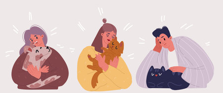 Vector cartoon Illustration of women and man having fun playing time with her cat and dog. Daily life concept. Pet conceptのイラスト素材