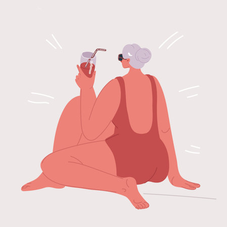 Cartoon vector illustration of Rear View Of Woman Character In Swimsuit sitting On Beach or on pool. With beverige in her hand. Promoting Travel Destinations, Beachwear, Or Summer Content.のイラスト素材