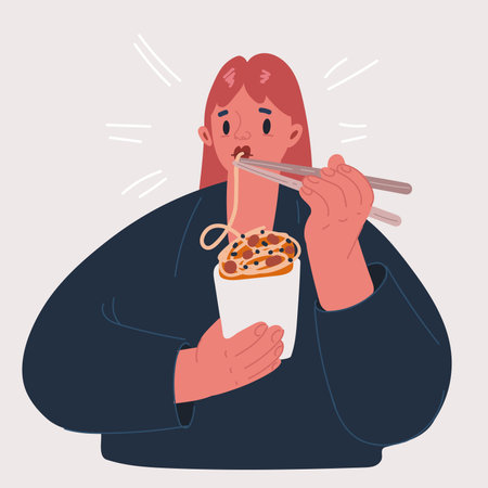 Cartoon vector illustration of Cute girl eating noodles or ramenのイラスト素材