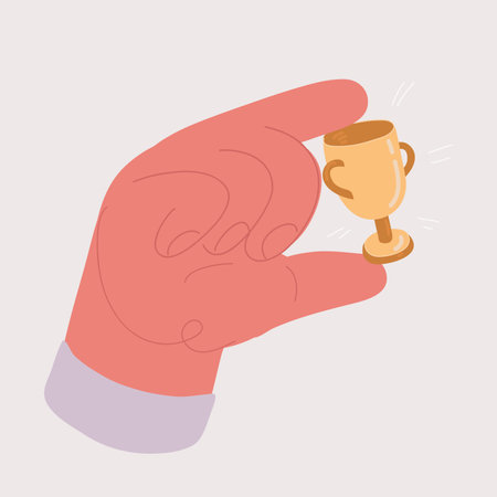 Cartoon vector illustration of celebrate winners with golden cup, Little tiny prize winners stars in holding by big hand. Award ceremony concept with hand hold winner.のイラスト素材