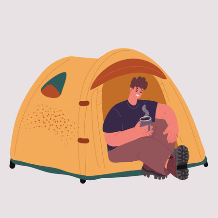 Vector cartoon illustration of Male character in tent drink tea. Hiking in the forest with a tentのイラスト素材