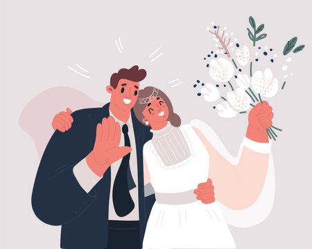 Cartoon vector illustration of Young wedding couple hugging together.のイラスト素材
