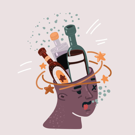 Cartoon vector illustration glass bottles with alcohol. Drink party bar inside the head of drunk manのイラスト素材