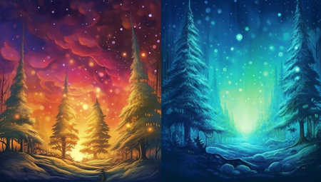 Fantasy landscape with winter forest and snowfall - illustration for childrenの素材