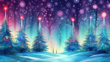 Winter landscape with snow covered trees and christmas lights. vector illustration.の素材