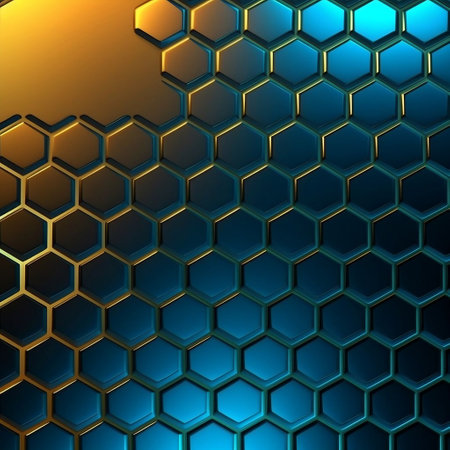 Blue and gold hexagon background. 3d rendering. computer digital drawing.の素材