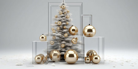 Christmas tree with gold balls on a white background. 3d renderingの素材