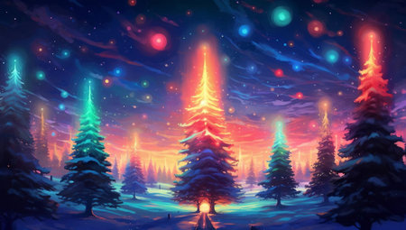 Christmas background with fir trees. Winter landscape with a Christmas tree.の素材