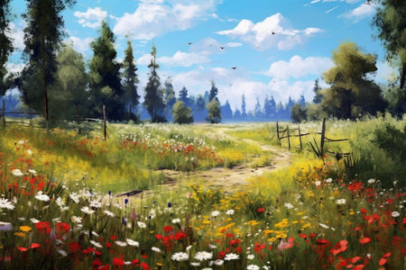 Spring meadow with poppies and wildflowers. digital paintingの素材