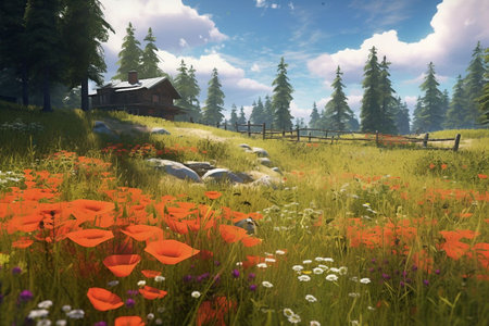 Beautiful summer meadow with poppies and a wooden houseの素材