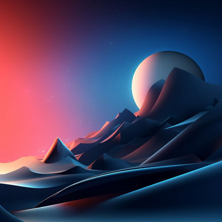 Abstract 3d landscape with mountains and moon in the sky. fantasy digital illustration.の素材