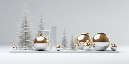 Christmas and New Year background. 3D rendering. Golden and silver Christmas balls.の素材