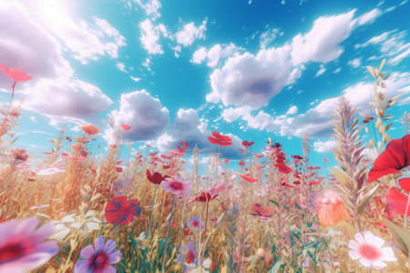 field of poppies and blue sky with clouds, retro styleの素材