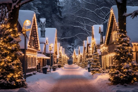 Beautiful winter landscape with Christmas trees in the village at night.の素材