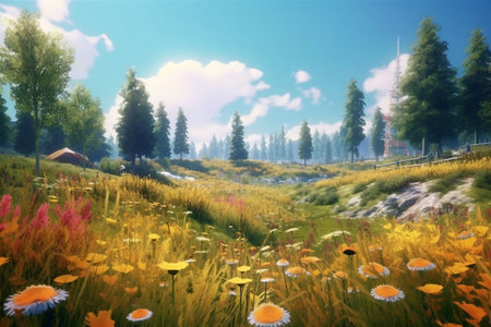 Digital painting of a meadow with wildflowers in the foregroundの素材