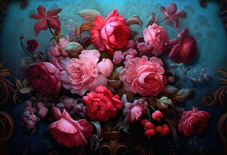 Bouquet of pink flowers on a blue background. floral background.の素材