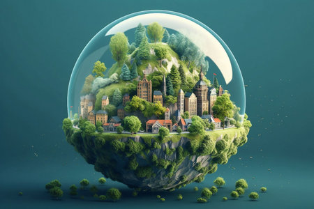 Eco city in a glass sphere. 3D illustration.の素材