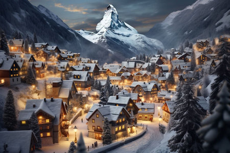 Snowy winter in the mountains, a beautiful New Year's Eve city, a holiday.の素材