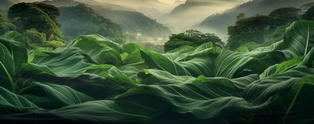Panoramic view of green leaf in the morning. nature backgroundの素材