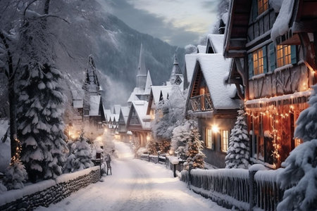 Snowy winter in the mountains, a beautiful New Year's Eve city, a holiday.の素材