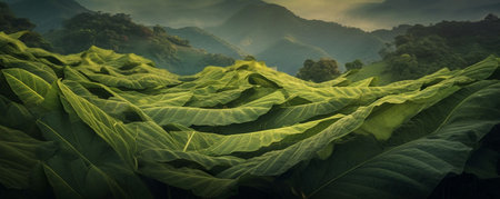 Tropical rainforest with green leaves and mountains in the backgroundの素材