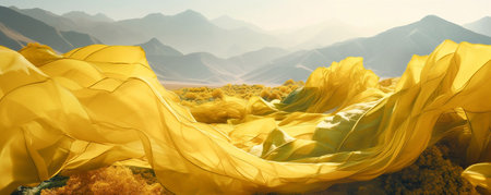 3d render of abstract yellow cloth flying in the air with mountains in the backgroundの素材