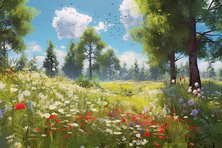 Digital painting of a meadow with poppies and pine treesの素材