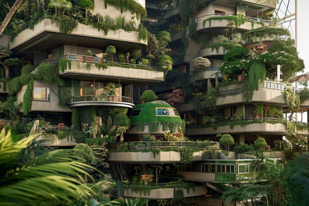 Tropical garden with green plants and flowers in a modern buildingの素材