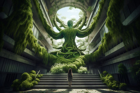 Woman looking at a giant tree in the middle of a stairwayの素材