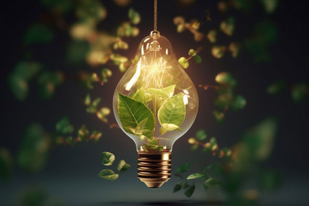 Idea concept with light bulb and green leaves. 3D renderingの素材