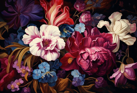 Digital painting of flowers in pink, blue and purple colors on black backgroundの素材