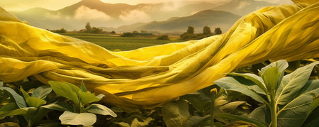 Silk fabric in the field with mountain background, nature concept.の素材