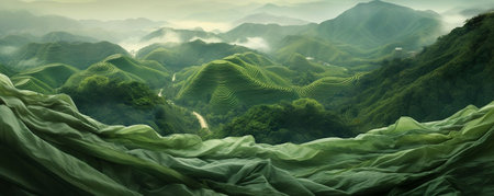 mountain landscape panorama. Green hills and fog in the valley.の素材